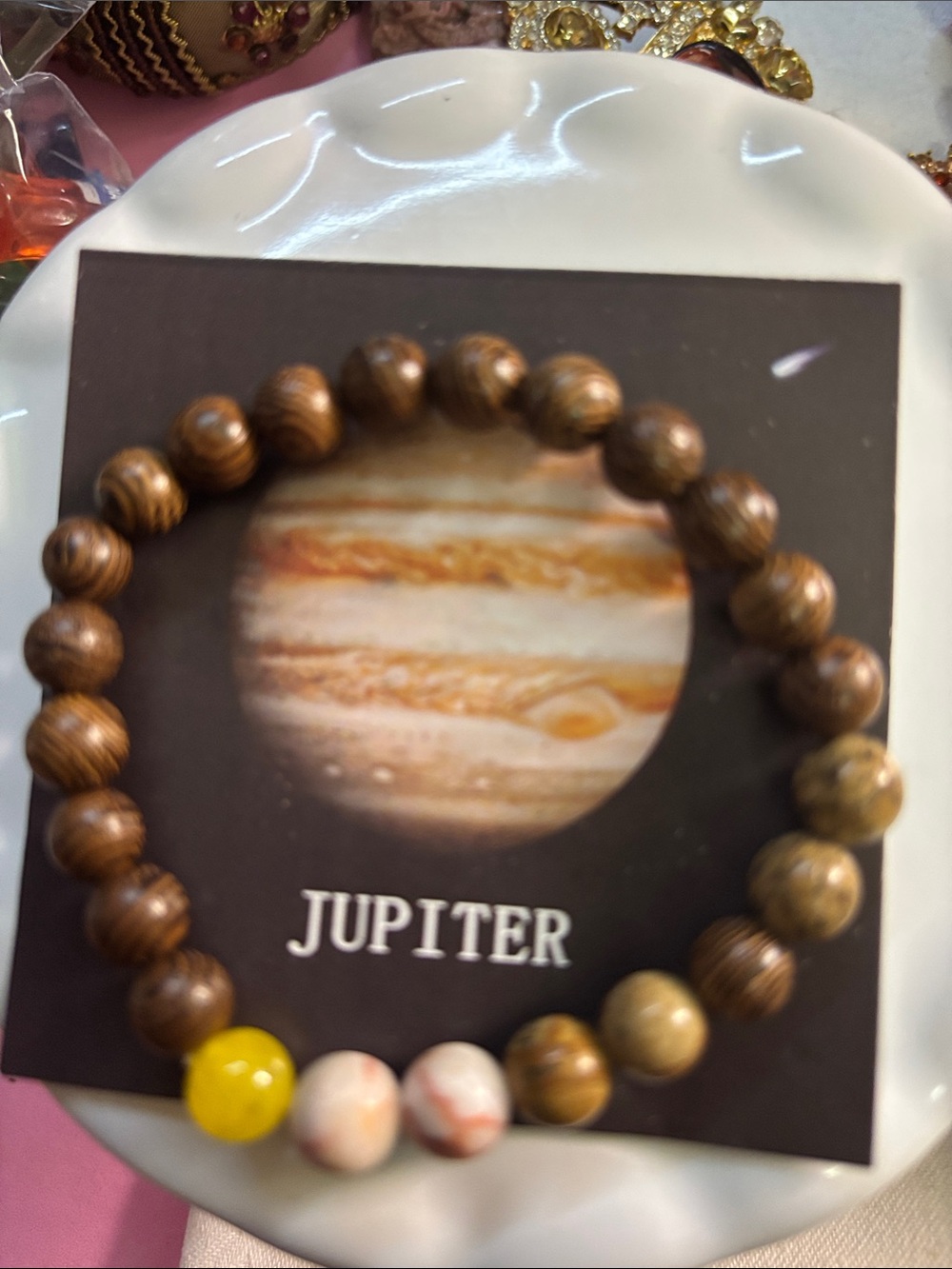 Jupiter Planet 8mm Beaded Stretch Bracelet - Brown with Yellow Accent